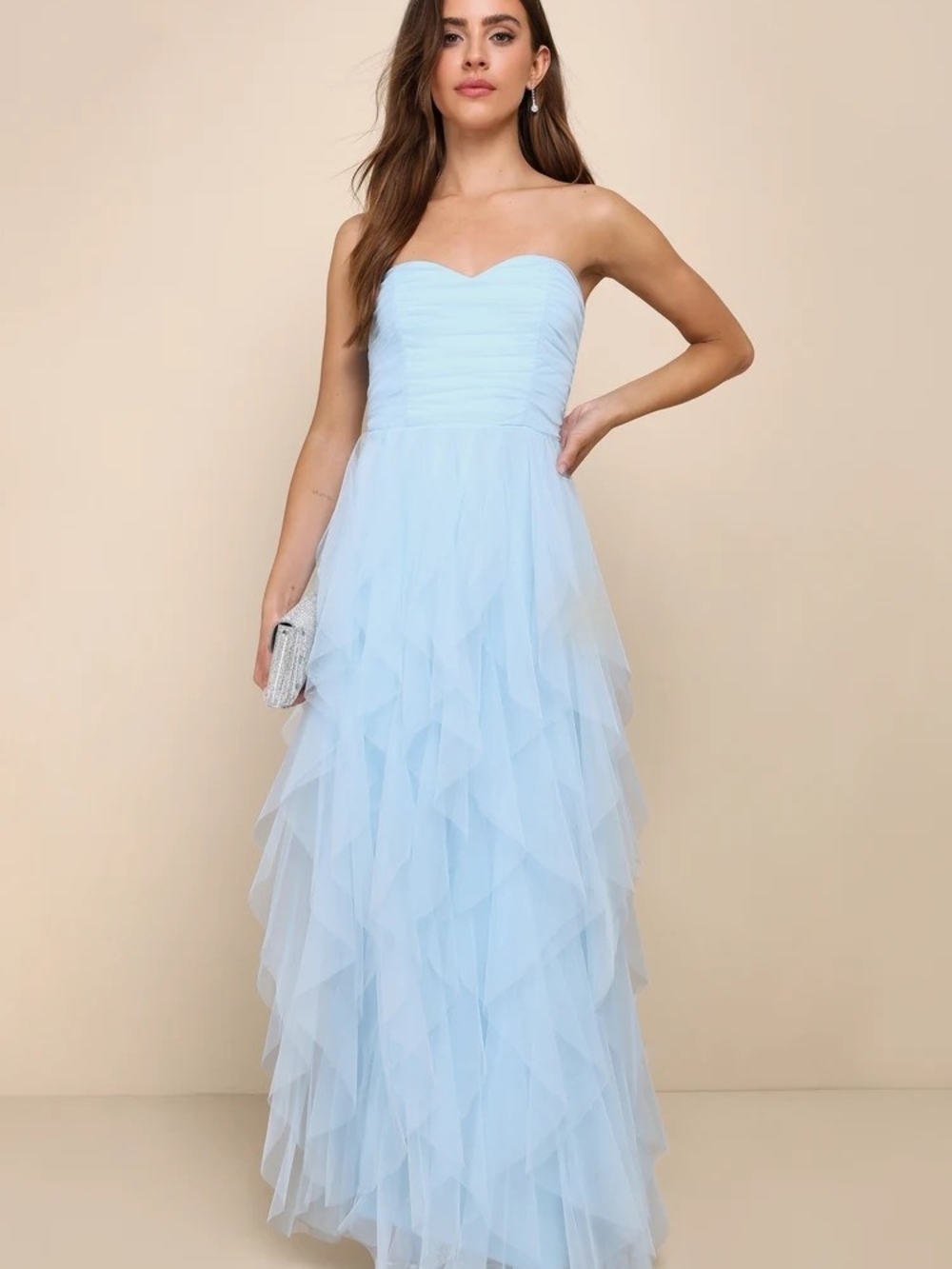 Lulus Delightful Beauty Blue Mesh Strapless Ruched Ruffled Maxi Dress